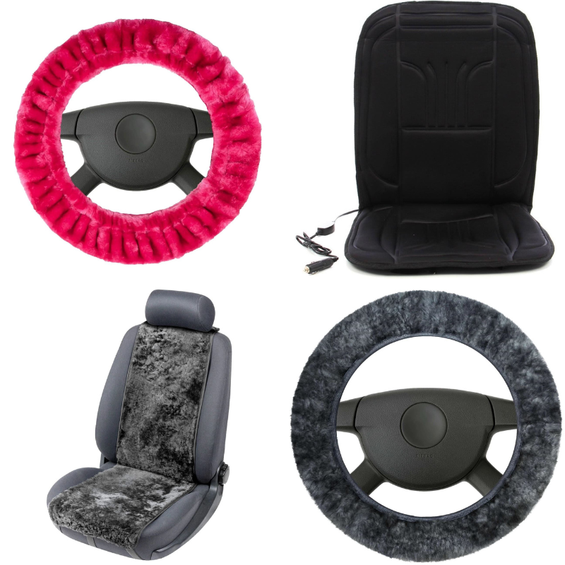 alt="accesorii auto pentru a fi confortabil la volan iarna: huse volan din blana naturala si artificiala, husa pufoasa din blana de miel si husa auto cu incalzire"