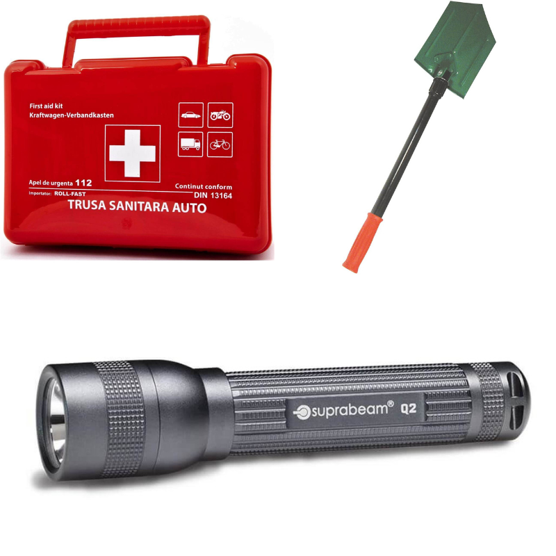 alt="trusa sanitara auto, lopata si lanterna-kit de supravietuire pe timp de iarna"