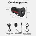 Claxon bicicleta cu telecomanda si lumini de avertizare, 5 sunete alarma, 120 dB, baterie 300 mAh cu incarcare USB, prindere ghidon, potrivire universala inclusiv trotineta, bicicleta electrica - RESIGILAT (produs testat - fara ambalaj original)