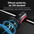 Claxon bicicleta cu telecomanda si lumini de avertizare, 5 sunete alarma, 120 dB, baterie 300 mAh cu incarcare USB, prindere ghidon, potrivire universala inclusiv trotineta, bicicleta electrica - RESIGILAT (produs testat - fara ambalaj original)