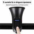 Claxon bicicleta cu telecomanda si lumini de avertizare, 5 sunete alarma, 120 dB, baterie 300 mAh cu incarcare USB, prindere ghidon, potrivire universala inclusiv trotineta, bicicleta electrica - RESIGILAT (produs testat - fara ambalaj original)
