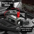 Starter auto multifunctional 2500A, compresor, robot pornire, jump starter booster, functie power bank, 15200mAh, lanterna, 12V, argintiu, geanta depozitare