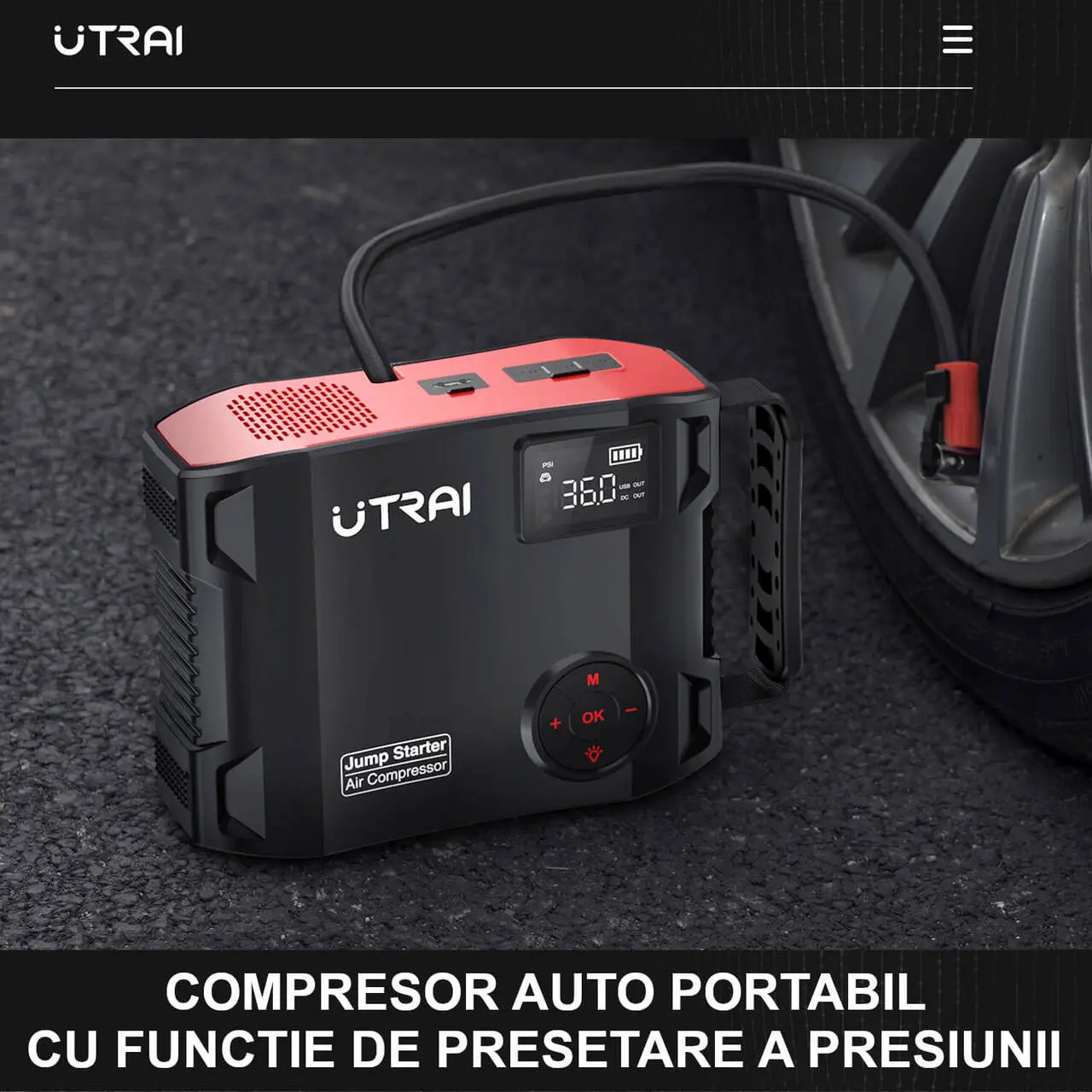 Jump starter auto Utrai Jstar 5, portabil digital multifunctional,  compresor, lanterna, functie baterie externa, 12V, 2500A, 27000mAh, 59.2Wh,  150 PSI, port DC, port USB, port tip C - Rollfast