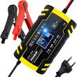 Redresor auto digital, incarcare baterii cu afisaj LCD, auto, moto, camion, Foxsur, 12V/8A, 24V/4A, 6Ah-150Ah, functie de reparare acumulator prin impulsuri, galben cu negru