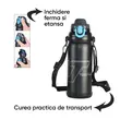 Sticla de apa 800 ml portabila, 2 capete interschimbabile, curea transport, recipient termos pentru bauturi calde si reci, bidon de apa, pentru bicicleta, sport, drumetie, camping, inox