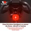 Stop bicicleta inteligent cu senzor de frana, vibratii si lumina, 6 moduri iluminare LED, West Biking, incarcare USB, autonomie baterie max 60 ore, indicator baterie, plastic ABS, rezistent la apa, universal, negru