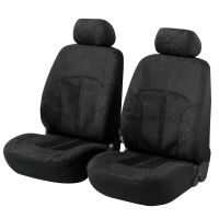 Set huse scaune auto fata Premium din catifea, Walser, universale, compatibile scaune cu airbag, cu fermoar, negru, 2 buc