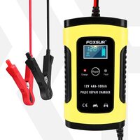 Redresor baterie auto digital cu afisaj LCD, auto si moto, Foxsur, 12V/5A, 4Ah-100Ah, functie de reparare acumulator prin impulsuri, galben cu negru