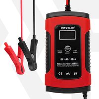 Redresor baterie auto digital cu afisaj LCD, auto si moto, Foxsur, 12V/5A, 4Ah-100Ah, functie de reparare acumulator prin impulsuri, rosu cu negru