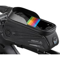 Borseta bicicleta cu husa impermeabila pentru telefon, montare pe ghidon si cadru, compatibila cu telefoane pana la 18 cm lungime, spatiu depozitare 1.5 L, port cablu pentru casti, logo reflectorizant, West Biking, negru