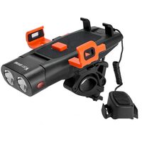 Far bicicleta multifunctional LED cu 5 functii, iluminare dubla 500 lumeni, 4 moduri de iluminare, vizibilitate 120 m, suport telefon, claxon, incarcare USB, West Biking, negru cu portocaliu