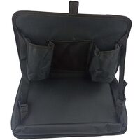Organizator auto spatar scaun tip masa, 34x22 cm, prindere pe tetiere, 2 buzunare pentru pahare, 1 buzunar plasa, poliester, Roll Fast, negru
