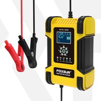 Redresor auto inteligent cu functie de reparare prin impulsuri, Foxsur, 12V 12A 24V 6A, 7 trepte incarcare, 9 moduri operare, tehnologie Switchmode, ecran LCD, auto, moto, camion, caravana, galben cu negru
