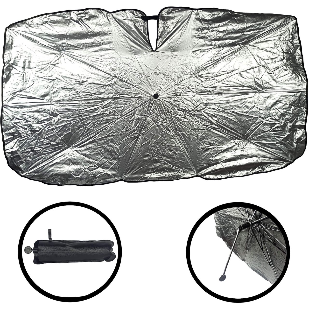 Parasolar auto retractabil 143 x 86 cm, tip umbrela, pliabil, protectie ridicata UV, poliester premium 210T + ABS, husa depozitare, pentru parbriz auto, Roll Fast, argintiu + negru