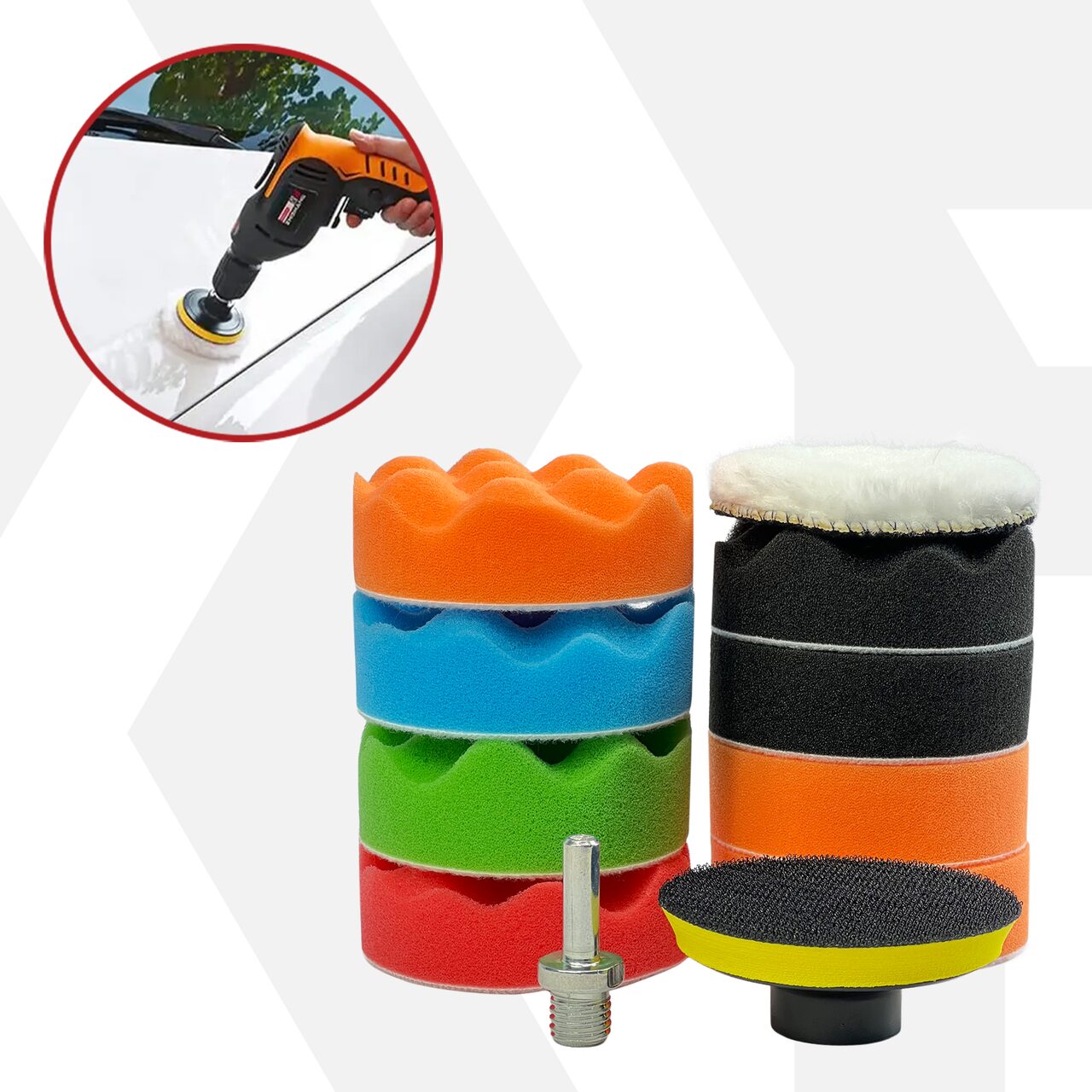 Set 11 piese polish auto profesional cu taler M14, discuri de burete si lana cu diametru 8 cm, conectare la bormasina autofiletanta