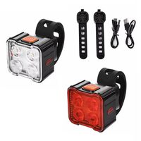 Set lumini bicicleta far si stop cu 4 LEDURI, fata si spate, 8 si 9 moduri de iluminare, 130 lumeni + 20 lumeni, baterie 500 mAh + 300 mAh cu incarcare USB, potrivire universala inclusiv trotineta, scuter, bicicleta electrica, e-bike,rezistent la apa