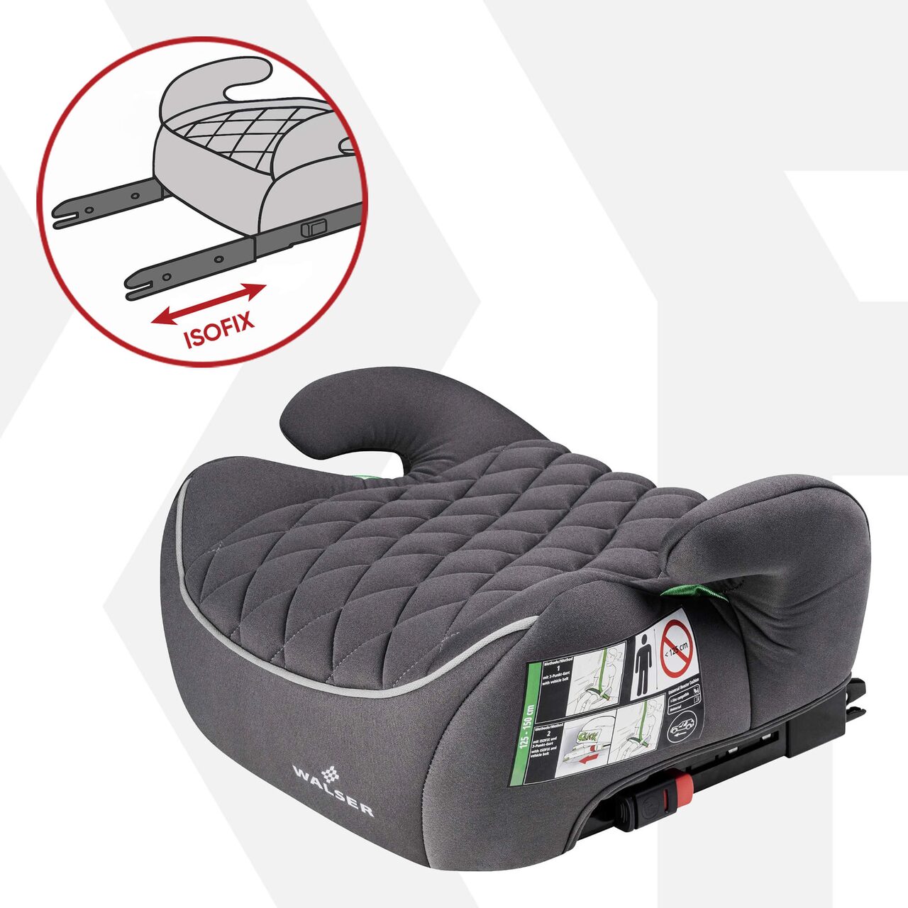 Inaltator auto pentru copii Andy cu ISOFIX Premium, Walser, testat si certificat ECE R 129, i-Size, 6-12 ani, 125-150 cm, 22-36 kg, scaun inaltator universal, gri