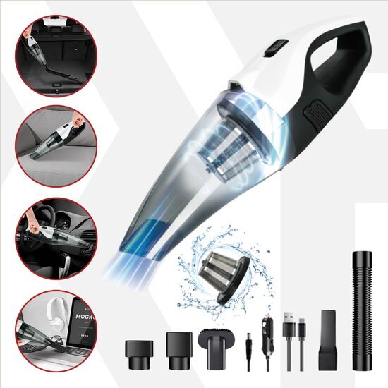 Aspirator de mana portabil puternic, Pro Power, umed si uscat, uz casnic sau auto, 8000Pa, alimentare dubla, wireless reincarcabil, cablu USB, 3x2600mAh, 100W, cablu 5m, 12V, lumina LED, filtru dublu, Roll Fast - resigilat2 