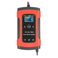 Redresor baterie auto digital cu afisaj LCD, auto si moto, Roll Fast, 12V/5A, 4Ah-100Ah, functie de reparare acumulator prin impulsuri, rosu cu negru