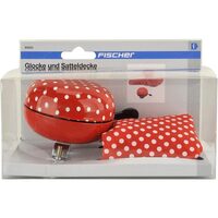 Set husa si sonerie bicicleta pentru femei, Fischer, hidrofug, rezistent la uzura, rosu cu buline albe - RESIGILAT (produs testat - fara ambalaj original)